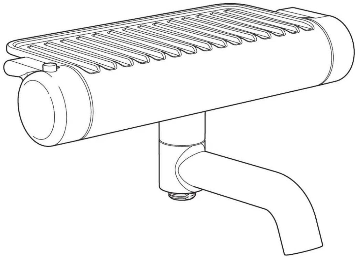 Dessin au trait d'un dispositif mécanique avec un boîtier cylindrique et un tuyau courbé (sans texte ni symboles)