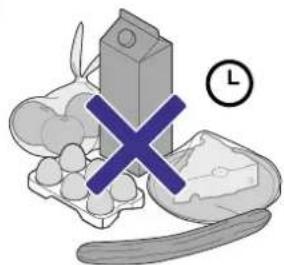 Illustration of food items including milk carton, cheese, and a knife with a blue 'X' symbol (no text or labels).