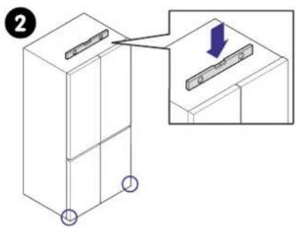 Diagram showing a refrigerator with labeled parts and an inset view of a door handle mechanism with a blue arrow indicating direction.
