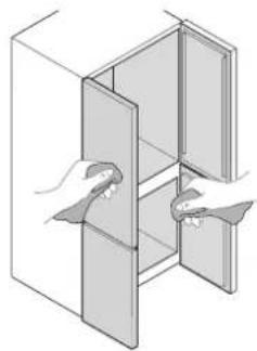 Illustration of a cabinet with two hands inserting or removing a door (no text or symbols)