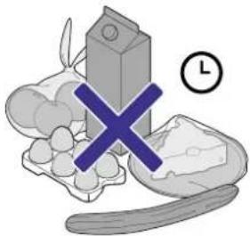 Illustration of food items including milk carton, cheese, and a knife with a blue X symbol (no text or labels).
