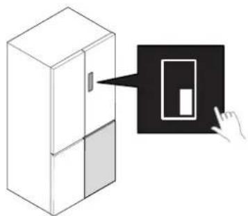 Isometric illustration of a refrigerator with a hand pointing to a rectangular door (no text or symbols).
