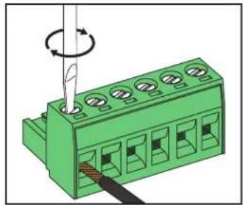 Green electrical connector with multiple slots and a screwdriver inserted, showing wiring rotation (no text or symbols)