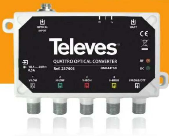 OPTICAL INPUT TEleves® QUATTRO OPTICAL CONVERTER 10.5 ~ 20V~ 0.5A Ref. 237903 OMS44TSN RF DC 1 V-LOW 2 H-LOW 3 V-HIGH 4 H-HIGH FM/DA8/DTT