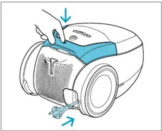 Illustration d'une main actionnant un aspirateur avec un maillage bleu et une prise électrique, montrant les composants internes et la direction du flux d'air (sans texte ni symboles)