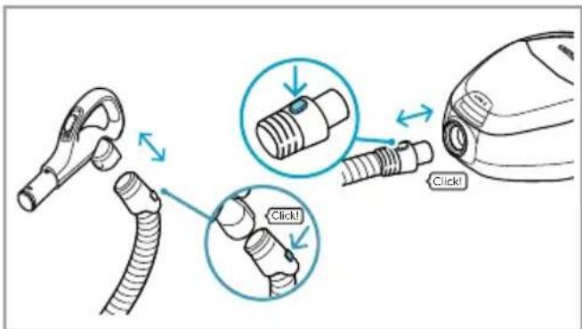 Schéma illustrant le processus d'un dispositif médical avec des pièces étiquetées et des flèches directionnelles indiquant les boutons d'action.