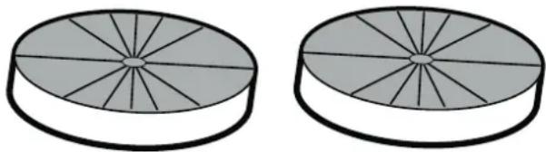 Two identical 3D-rendered circular objects with radial segments, no text or symbols present