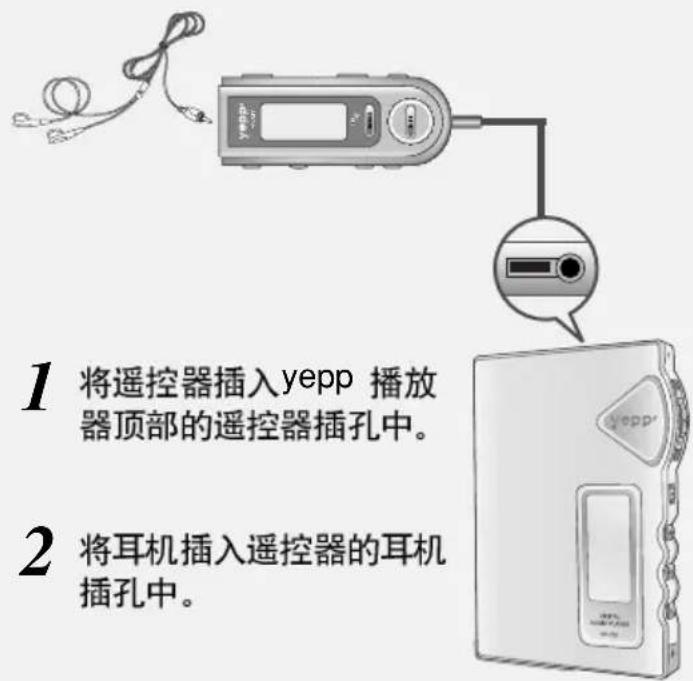 1. Insérez la télécommande dans la prise de télécommande située en haut du lecteur yepp. 2. Insérez les écouteurs dans la prise pour écouteurs de la télécommande.