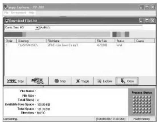 Myapp Explorer - VP 708 Fichier Environnement Aide Télécharger la liste des fichiers Canci Sans MS AudiRs Ordre Répertoire Nom du fichier Taille du fichier Statut Cause FLASH/MUSIC\ SPAC - Line Box 0.5 mg1 4.732KB Marche XPPC Couleur MP35 Arrêter Portée Explorer Fermer Nom du fichier * Taille du fic…