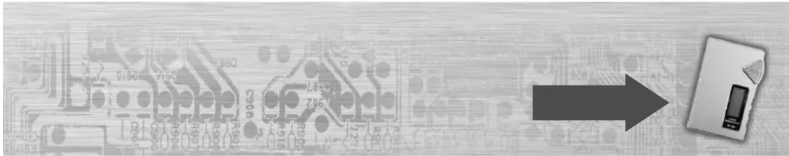 Schéma montrant une carte de circuit imprimé avec des étiquettes de composants et une flèche pointant vers un dispositif physique, représentant probablement un processus ou une transformation.