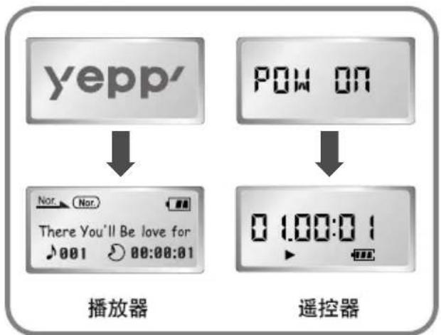 graph TD A["yepp'"] --> B["播放器"] C["POW ON"] --> D["遥控器"] B --> E["0 1.00:0 1"] D --> F["0 1.00:0 1"]