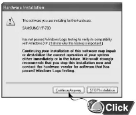 Installation du matériel Le logiciel que vous installez pour ce matériel : SAMSUNG YP-700 n'a pas passé le test de logo Windows pour vérifier sa compatibilité avec Windows XP. (Expliquez pourquoi ce test est important.) Continuer l'installation de ce logiciel peut altérer ou déstabiliser le fonction…