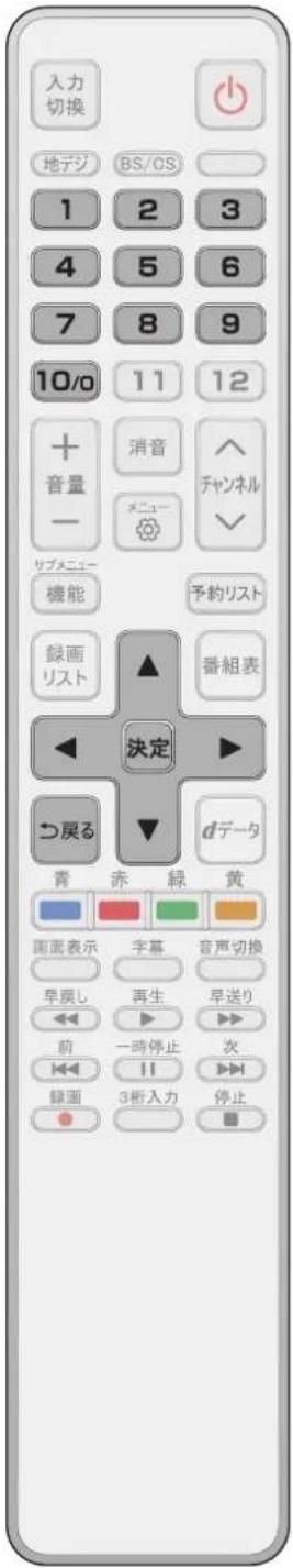 入力 切換 地デジ BS/OS 1 2 3 4 5 6 7 8 9 10/0 11 12 + 音量 消音 マニューチ サブメニュー 機能 予約リスト 録画 リスト 番組表 決定 つ戻る dデータ 青 赤 緑 黄 画面表示 字幕 音声切換 早戻し 再生 早送り 前 一時停止 次 録画 3桁入力 停止