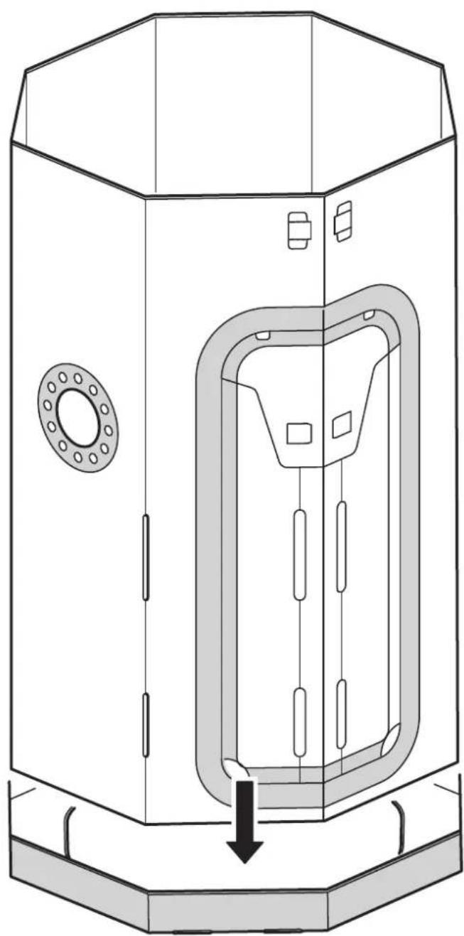 Dessin technique d'un dispositif mécanique avec des composants internes et une flèche vers le bas indiquant un mouvement (sans texte ni symboles)