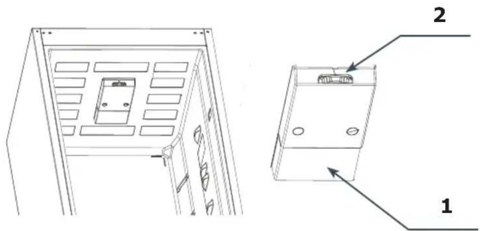 Technical diagram showing two views of a device casing with labeled components, including internal compartments and mounting holes.