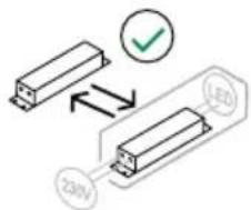 Diagram showing two rectangular blocks with a green checkmark and a 230V label, likely illustrating a logic or electrical concept.