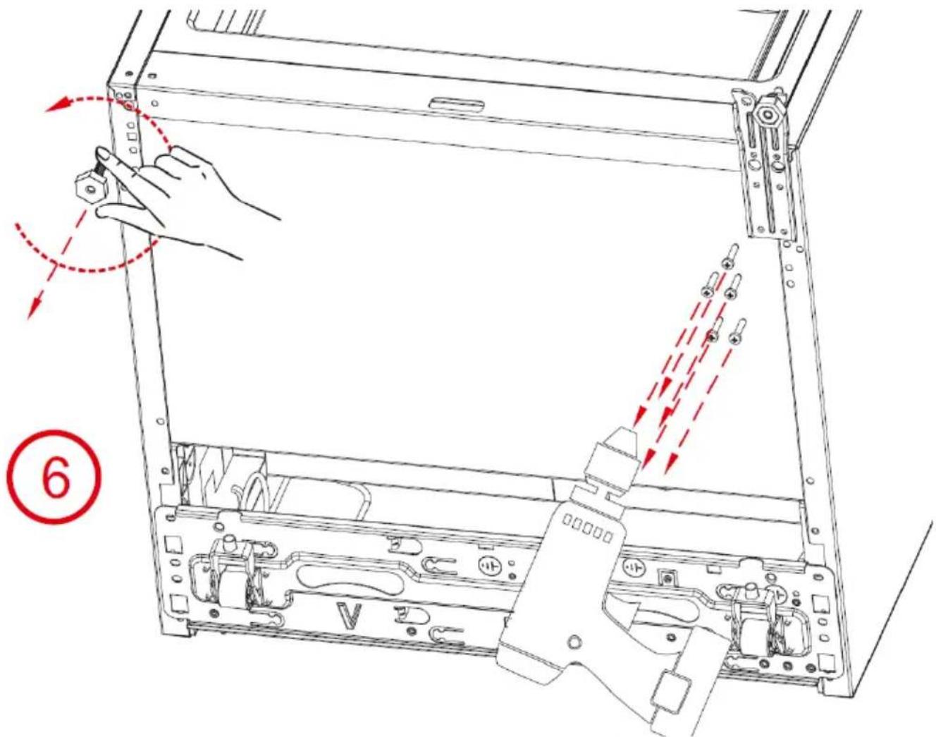 Technical diagram showing a hand operating a server rack with red dashed arrows indicating motion, labeled with circled number 6.