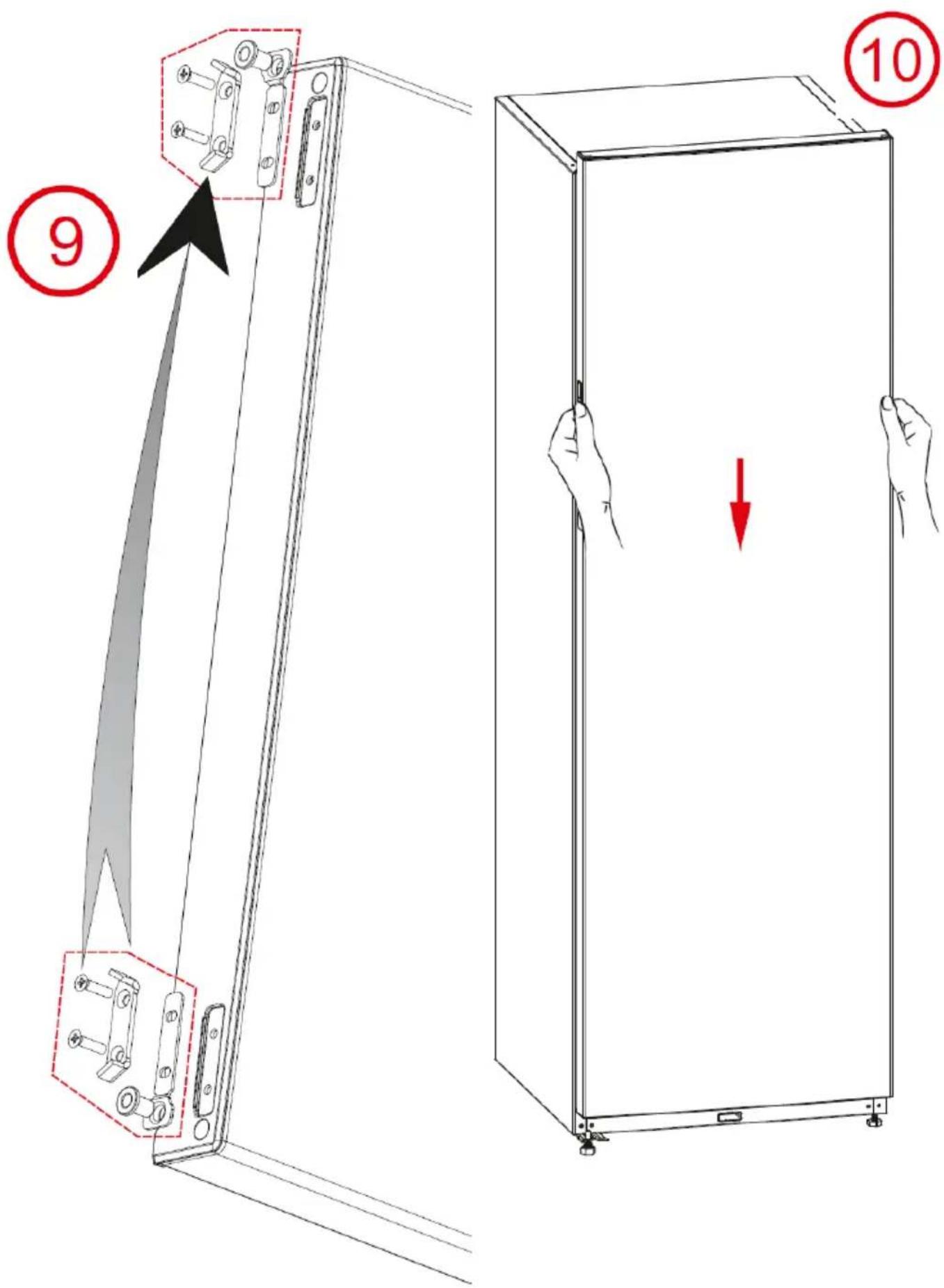 Technical diagram showing a door assembly with numbered parts and directional arrows indicating movement or change.