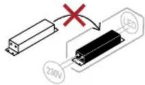 Diagram showing a device with a red 'X' indicating cancellation or failure, and a black rectangular component labeled '230V' connected to its terminals.