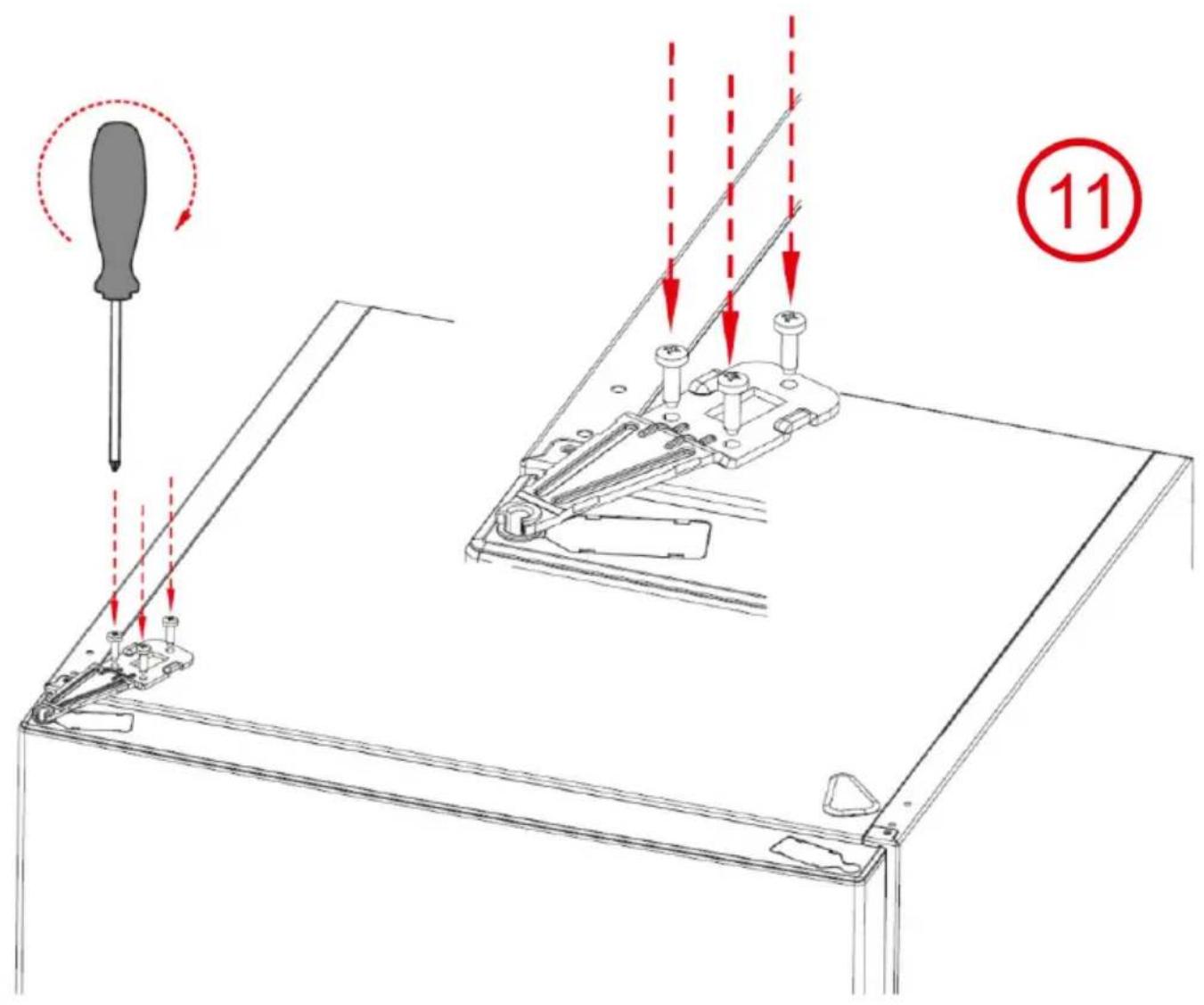 Technical diagram showing screwdriver installation on a laptop with red arrows indicating motion and a circled number 11.
