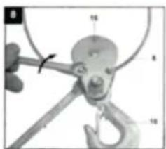 Close-up of a mechanical clamp or hook with numbered parts (15, 16, 8) and a hand holding the hook (no visible text or symbols)