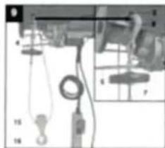 Mechanical lifting system diagram showing pulleys, rope, and weights (no text or labels)