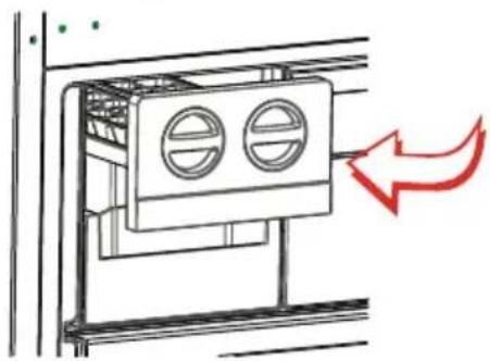 Diagram of a ventilation system with two circular gauges and airflow direction indicated by a red arrow (no text or symbols)