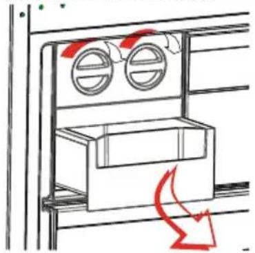 Diagram of a cabinet with two circular gauges and a red directional arrow indicating airflow or movement (no text or symbols)