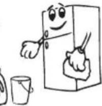 Cartoon illustration of a smiling refrigerator with a hand cleaning it, next to a cup (no text or symbols)