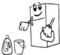 Cartoon illustration of a smiling refrigerator with hands cleaning it, accompanied by a bottle and cup (no text or symbols)
