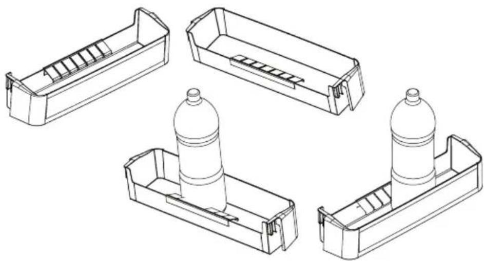 Line drawings of four different plastic storage compartments with cylindrical tanks (no text or symbols)
