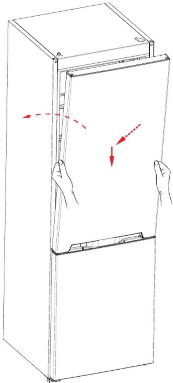 Line drawing of a refrigerator with hands holding the door, showing red arrows indicating movement or force (no text or symbols).
