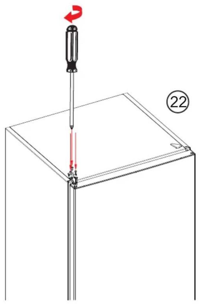 Diagram showing a screwdriver inserted into a square frame with red arrows indicating direction, labeled with number 22.