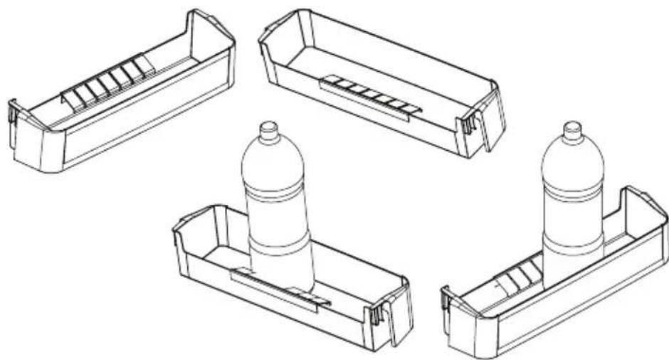 Line drawing of four different plastic storage bins with cylindrical containers (no text or symbols)