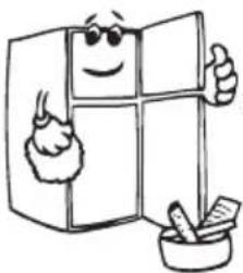 Cartoon illustration of a smiling refrigerator with arms and legs, accompanied by a pencil and palette (no text or symbols)
