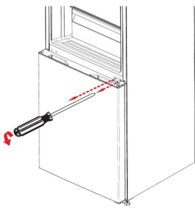 Technical line drawing of a door frame with a tool inserted, showing red arrows indicating movement or force (no text or symbols).