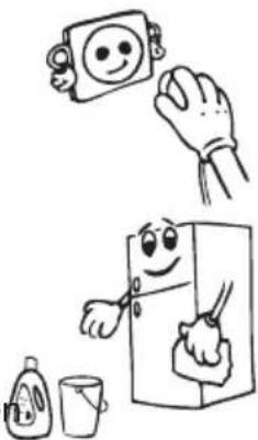 Illustration of a smiling refrigerator with hand gestures and a cup, no text or symbols present.