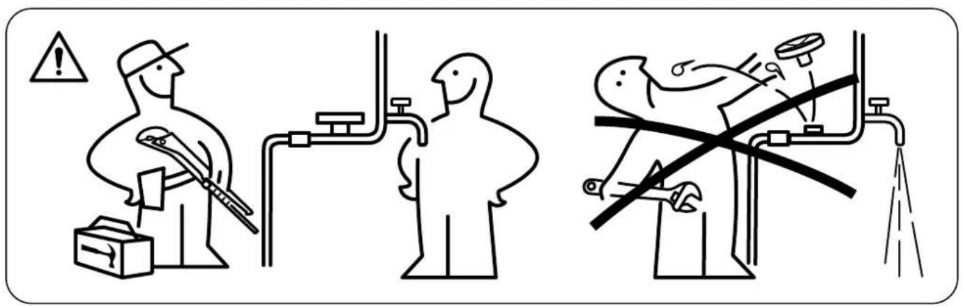 Illustration d'avertissement de sécurité montrant trois scénarios : un ouvrier utilisant un outil, une personne opérant un pipeline, et un ouvrier utilisant une pomme de douche avec une barre transversale.