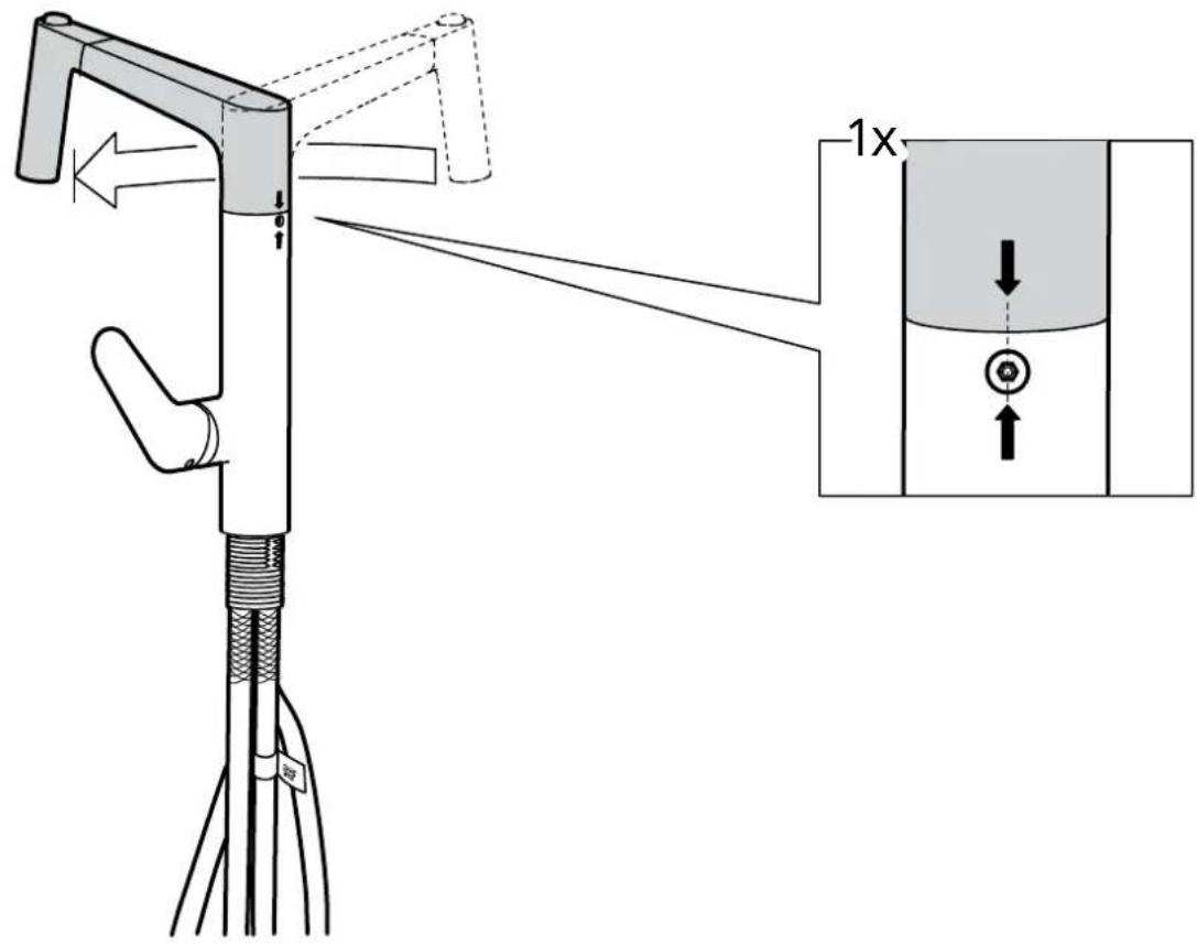 Schéma technique d'un dispositif mécanique avec des composants étiquetés et des flèches directionnelles, incluant une section agrandie montrant la mesure 1x.