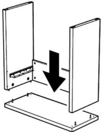 Schéma montrant un assemblage mécanique avec deux panneaux et une flèche vers le bas indiquant une force ou une direction (sans texte ni symboles)
