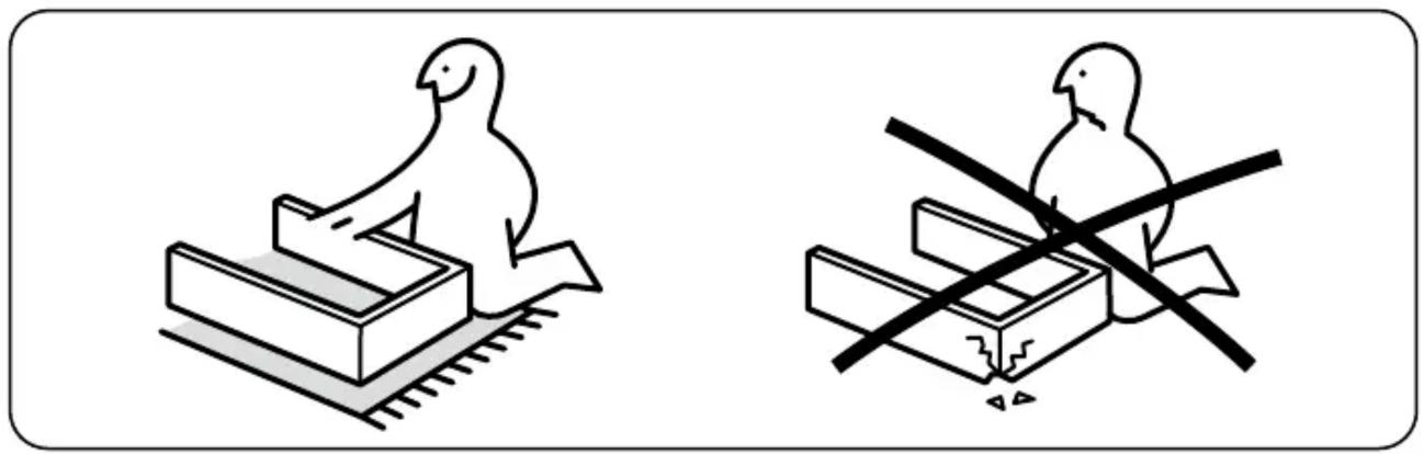 Deux dessins au trait montrant des oiseaux sur différentes plateformes : l'un avec un oiseau perché sur une plateforme, l'autre avec un oiseau barré et marqué d'une croix (sans texte ni symboles)