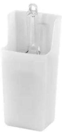 Poubelle de recyclage en plastique blanc avec une pince à verre attachée (aucun texte ou symbole visible)