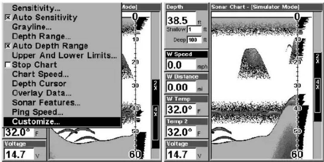 Sensitivity... Auto Sensitivity Grayline... Depth Range... Auto Depth Range Upper And Lower Limits... Stop Chart Chart Speed... Depth Cursor Overlay Data... Sonar Features... Ping Speed... Customize... 32.0° F Voltage 14.7 V 60 2 x 4 x 50 Depth 38.5 ft Shallow 1 ft Deep 100 ft W Speed 0.0 mph W Dist…