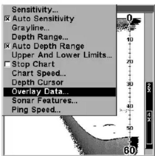 Sensitivity... Auto Sensitivity Grayline... Depth Range... Auto Depth Range Upper And Lower Limits... Stop Chart Chart Speed... Depth Cursor Overlay Data... Sonar Features... Ping Speed...