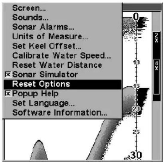 Screen... Sounds... Sonar Alarms... Units of Measure... Set Keel Offset... Calibrate Water Speed... Reset Water Distance Sonar Simulator Reset Options Popup Help Set Language... Software Information...