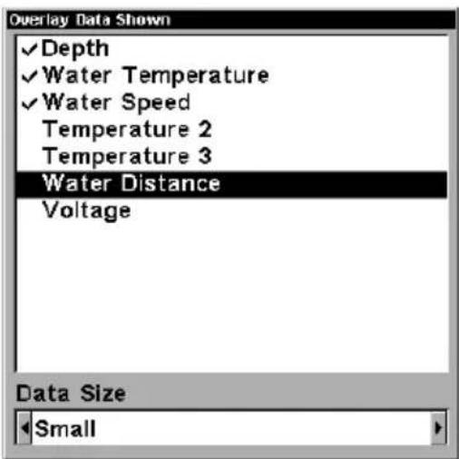 Overlay Data Shown ✓ Depth ✓ Water Temperature ✓ Water Speed Temperature 2 Temperature 3 Water Distance Voltage Data Size Small
