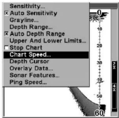 Sensitivity... Auto Sensitivity Grayline... Depth Range... Auto Depth Range Upper And Lower Limits... Stop Chart Chart Speed... Depth Cursor Overlay Data... Sonar Features... Ping Speed...