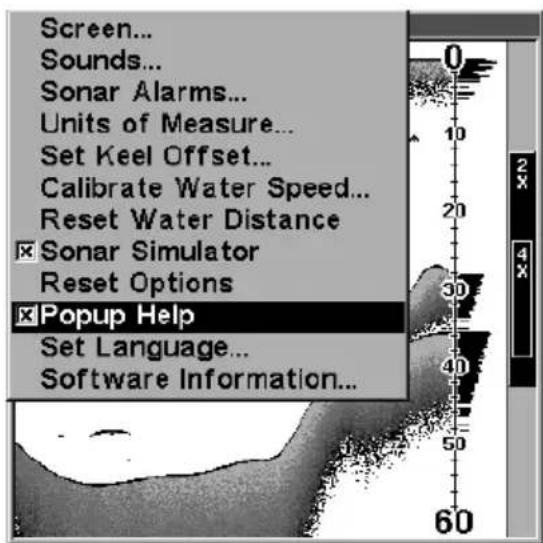 Screen... Sounds... Sonar Alarms... Units of Measure... Set Keel Offset... Calibrate Water Speed... Reset Water Distance Sonar Simulator Reset Options Popup Help Set Language... Software Information...