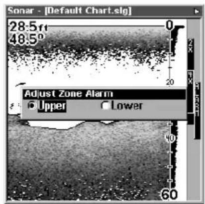 Sonar - [Default Chart.sg] 28.5ft 48.5° Adjust Zone Alarm Upper Lower 60