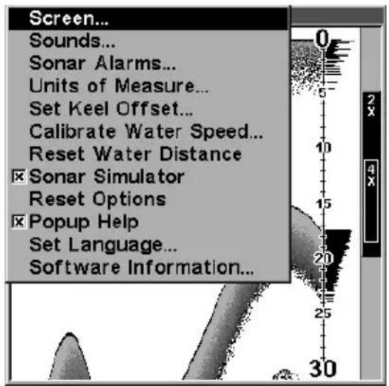 Screen... Sounds... Sonar Alarms... Units of Measure... Set Keel Offset... Calibrate Water Speed... Reset Water Distance Sonar Simulator Reset Options Popup Help Set Language... Software Information...